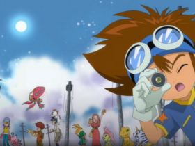 Tai (Taichi) Kamiya em primeiro plano, usando óculos de proteção na cabeça e segurando um pequeno dispositivo perto do olho, como se estivesse observando. Ao fundo aparecem os outros escolhidos e vários Digimon (incluindo Agumon), em um cenário externo à noite com lua no céu.