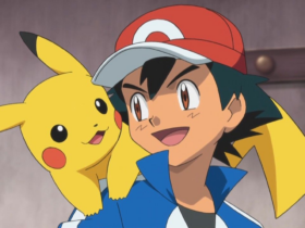 Pikachu, o mascote de Pokémon, ao lado de Ash Ketchum, com expressão determinada, representando a parceria e a amizade no universo da franquia.
