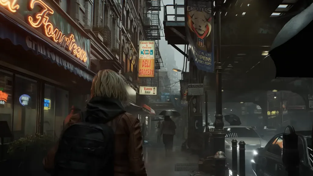 Cena urbana chuvosa em Resident Evil Requiem com personagem caminhando por rua iluminada por letreiros