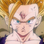 Gohan em sua forma Super Saiyajin 2 com aura elétrica, olhando para a frente com expressão séria durante a saga Cell em Dragon Ball Z.