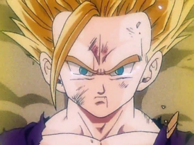 Gohan em sua forma Super Saiyajin 2 com aura elétrica, olhando para a frente com expressão séria durante a saga Cell em Dragon Ball Z.