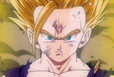 Gohan em sua forma Super Saiyajin 2 com aura elétrica, olhando para a frente com expressão séria durante a saga Cell em Dragon Ball Z.