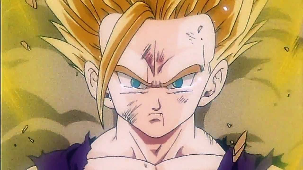 Gohan em sua forma Super Saiyajin 2 com aura elétrica, olhando para a frente com expressão séria durante a saga Cell em Dragon Ball Z.