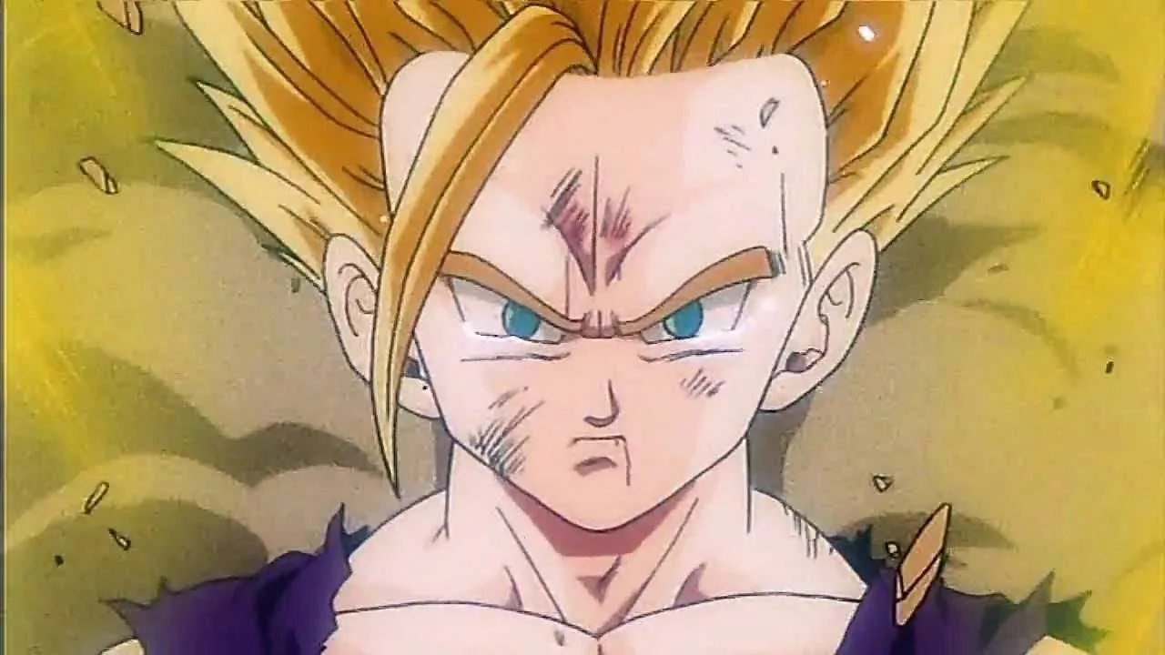Gohan em sua forma Super Saiyajin 2 com aura elétrica, olhando para a frente com expressão séria durante a saga Cell em Dragon Ball Z.