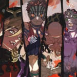 Ilustração de um Lua Superior de Demon Slayer em pose ameaçadora, com atmosfera sombria e cores intensas, sugerindo tensão emocional e perigo.