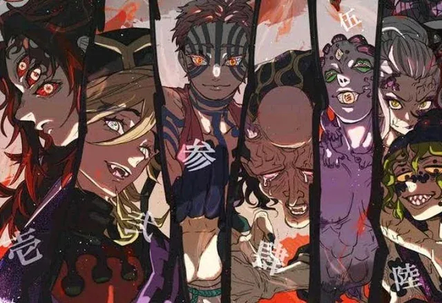 Ilustração de um Lua Superior de Demon Slayer em pose ameaçadora, com atmosfera sombria e cores intensas, sugerindo tensão emocional e perigo.