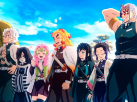 Grupo de Hashiras de Demon Slayer: Kimetsu no Yaiba reunidos ao ar livre em um momento leve, com o céu azul ao fundo; alguns sorriem enquanto outros observam em silêncio, usando seus uniformes e carregando espadas.