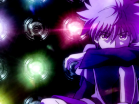 Killua Zoldyck, personagem de Hunter x Hunter com cabelo claro, sentado com os braços apoiados nos joelhos e olhar sério, cercado por luzes circulares coloridas (roxo, verde e vermelho) em um fundo escuro, criando um clima dramático e introspectivo.
