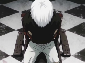 Cena em estilo anime vista de cima mostrando Ken Kaneki, de cabelo branco, sentado em uma cadeira no centro de um piso xadrez preto e branco, com a cabeça abaixada e postura derrotada, sugerindo isolamento e exaustão emocional.