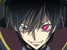 Close no rosto de Lelouch Lamperouge, de Code Geass, com um olho brilhando em tom rosa/roxo e um sorriso confiante, em um fundo escuro que reforça o clima de tensão e controle.