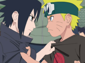 Naruto e Sasuke crianças se encaram bem de perto; Sasuke segura a camisa de Naruto pelo peito, em um momento de tensão que mistura rivalidade e laço de amizade.