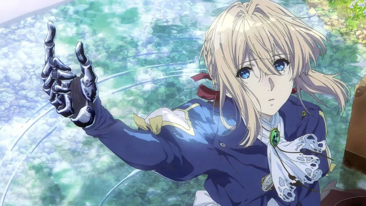 Personagem feminina de anime loira, de olhos azuis, usando uniforme azul e um braço mecânico, estendendo a mão sobre a água cristalina; cena delicada e contemplativa que sugere luto, memória e reconstrução emocional.
