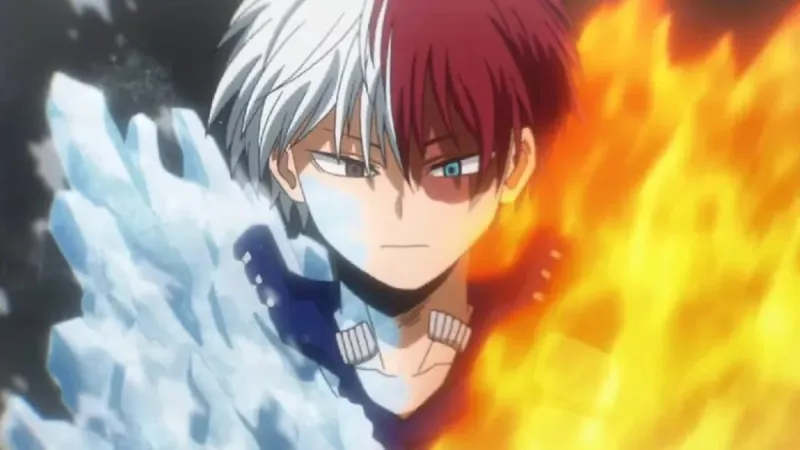 Imagem do personagem Shoto Todoroki, de My Hero Academia, em close, com metade do rosto coberta por gelo e a outra metade envolta em chamas, expressão séria e contida, sugerindo conflito interno e repressão emocional.
