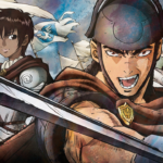 Ilustração de anime com o guerreiro Guts em primeiro plano, de armadura e espada, com expressão intensa; ao fundo aparecem outros membros do Bando do Falcão, incluindo uma pessoa de cabelo branco em perfil, em um céu nublado.