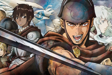 Ilustração de anime com o guerreiro Guts em primeiro plano, de armadura e espada, com expressão intensa; ao fundo aparecem outros membros do Bando do Falcão, incluindo uma pessoa de cabelo branco em perfil, em um céu nublado.