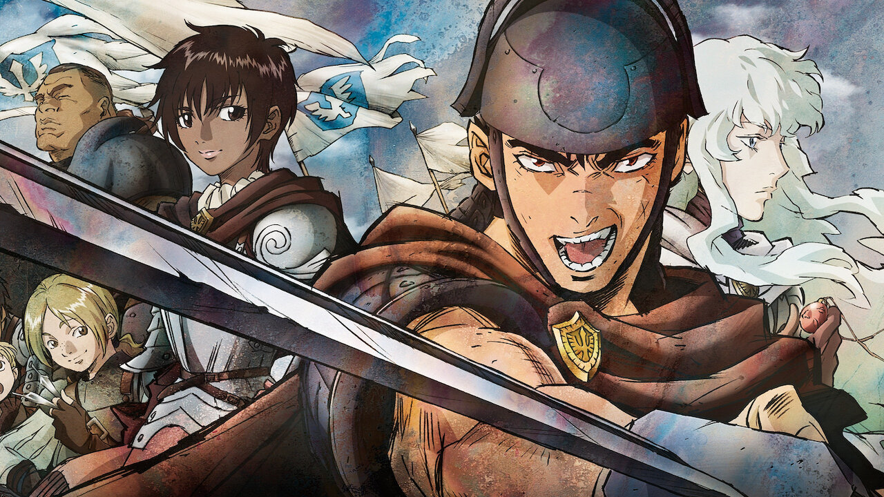 Ilustração de anime com o guerreiro Guts em primeiro plano, de armadura e espada, com expressão intensa; ao fundo aparecem outros membros do Bando do Falcão, incluindo uma pessoa de cabelo branco em perfil, em um céu nublado.