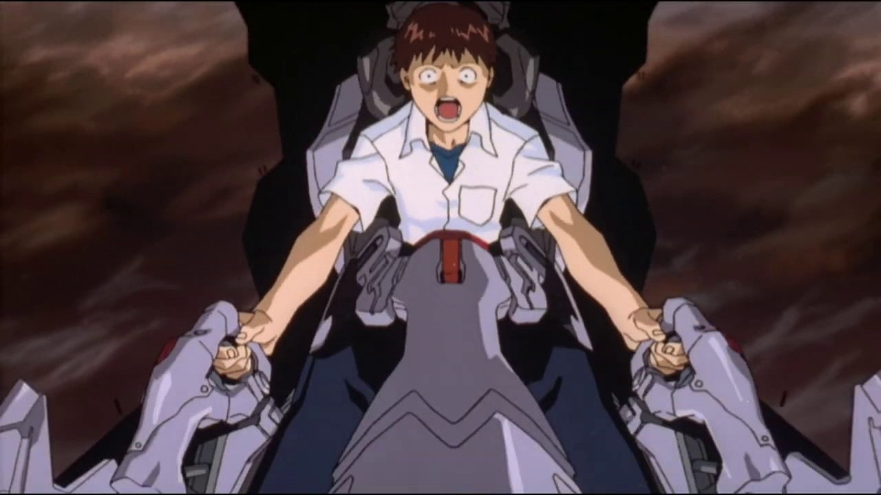 Shinji Ikari, adolescente de camisa branca, aparece no centro da imagem dentro do cockpit do robô Evangelion, com os braços estendidos e a boca aberta em um grito. Ao fundo e ao redor, partes mecânicas do EVA e um cenário escuro sugerem tensão, medo e colapso emocional.