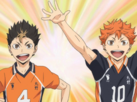 Imagem em estilo anime de dois jogadores de vôlei do Haikyuu!! comemorando com os braços erguidos: Hinata Shoyo, de cabelo laranja, e Yu Nishinoya, de cabelo preto. Ambos usam uniforme esportivo e estão sorrindo em fundo vibrante.