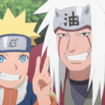 Naruto Uzumaki ao lado de Jiraiya, ambos sorrindo para a câmera; Jiraiya faz sinal de paz com os dedos e Naruto usa a bandana da Vila da Folha.