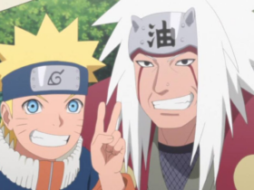 Naruto Uzumaki ao lado de Jiraiya, ambos sorrindo para a câmera; Jiraiya faz sinal de paz com os dedos e Naruto usa a bandana da Vila da Folha.