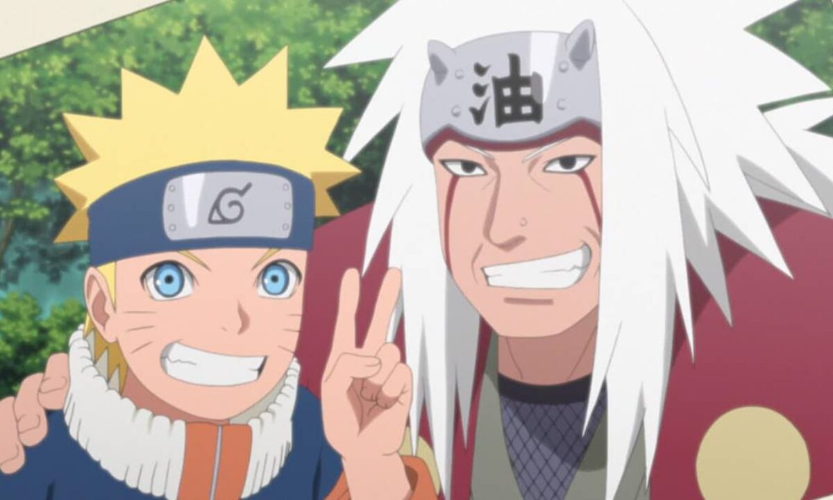 Naruto Uzumaki ao lado de Jiraiya, ambos sorrindo para a câmera; Jiraiya faz sinal de paz com os dedos e Naruto usa a bandana da Vila da Folha.