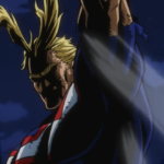 All Might em cena noturna, parcialmente na sombra, com o braço erguido; a iluminação dramática destaca a postura de “símbolo” apesar do desgaste.