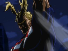 All Might em cena noturna, parcialmente na sombra, com o braço erguido; a iluminação dramática destaca a postura de “símbolo” apesar do desgaste.