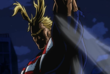 All Might em cena noturna, parcialmente na sombra, com o braço erguido; a iluminação dramática destaca a postura de “símbolo” apesar do desgaste.