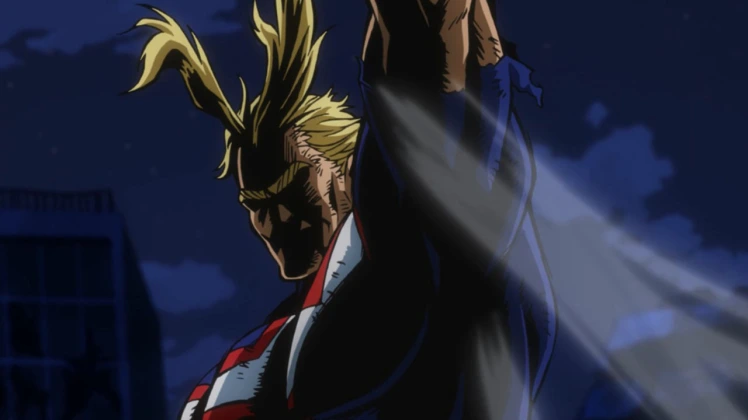 All Might em cena noturna, parcialmente na sombra, com o braço erguido; a iluminação dramática destaca a postura de “símbolo” apesar do desgaste.