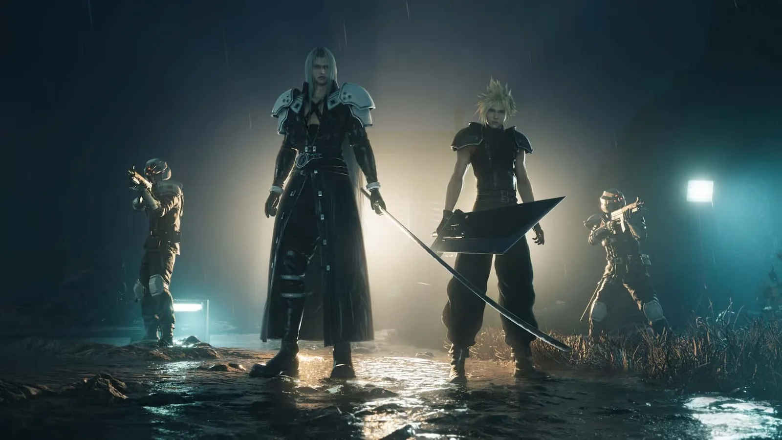 Cloud Strife e Sephiroth usando uniformes de SOLDIER, lado a lado, em imagem de Final Fantasy VII Rebirth