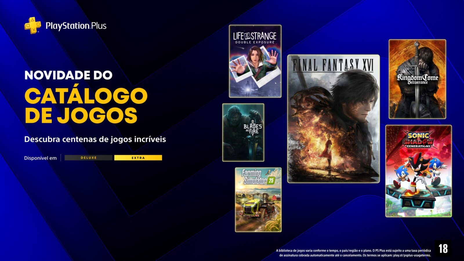 Catálogo do PlayStation Plus de junho de 2026 com Final Fantasy XVI, Sonic X Shadow Generations e Kingdom Come Deliverance.