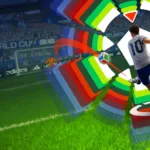 Arte de FIFA World Cup Launch Edition com jogador em campo e elementos visuais coloridos da Netflix Games.