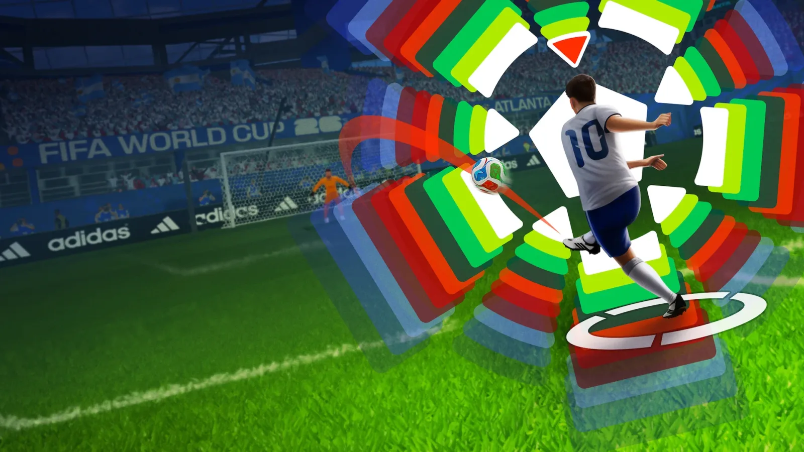 Arte de FIFA World Cup Launch Edition com jogador em campo e elementos visuais coloridos da Netflix Games.
