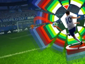 Arte de FIFA World Cup Launch Edition com jogador em campo e elementos visuais coloridos da Netflix Games.