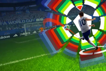 Arte de FIFA World Cup Launch Edition com jogador em campo e elementos visuais coloridos da Netflix Games.