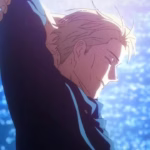 Personagem Nanami Kento, de Jujutsu Kaisen, em pé e pensativo em um ambiente interno iluminado, usando camisa social azul e óculos escuros, com expressão séria e postura contida.