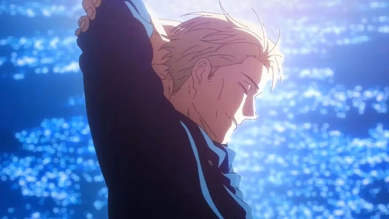 Personagem Nanami Kento, de Jujutsu Kaisen, em pé e pensativo em um ambiente interno iluminado, usando camisa social azul e óculos escuros, com expressão séria e postura contida.