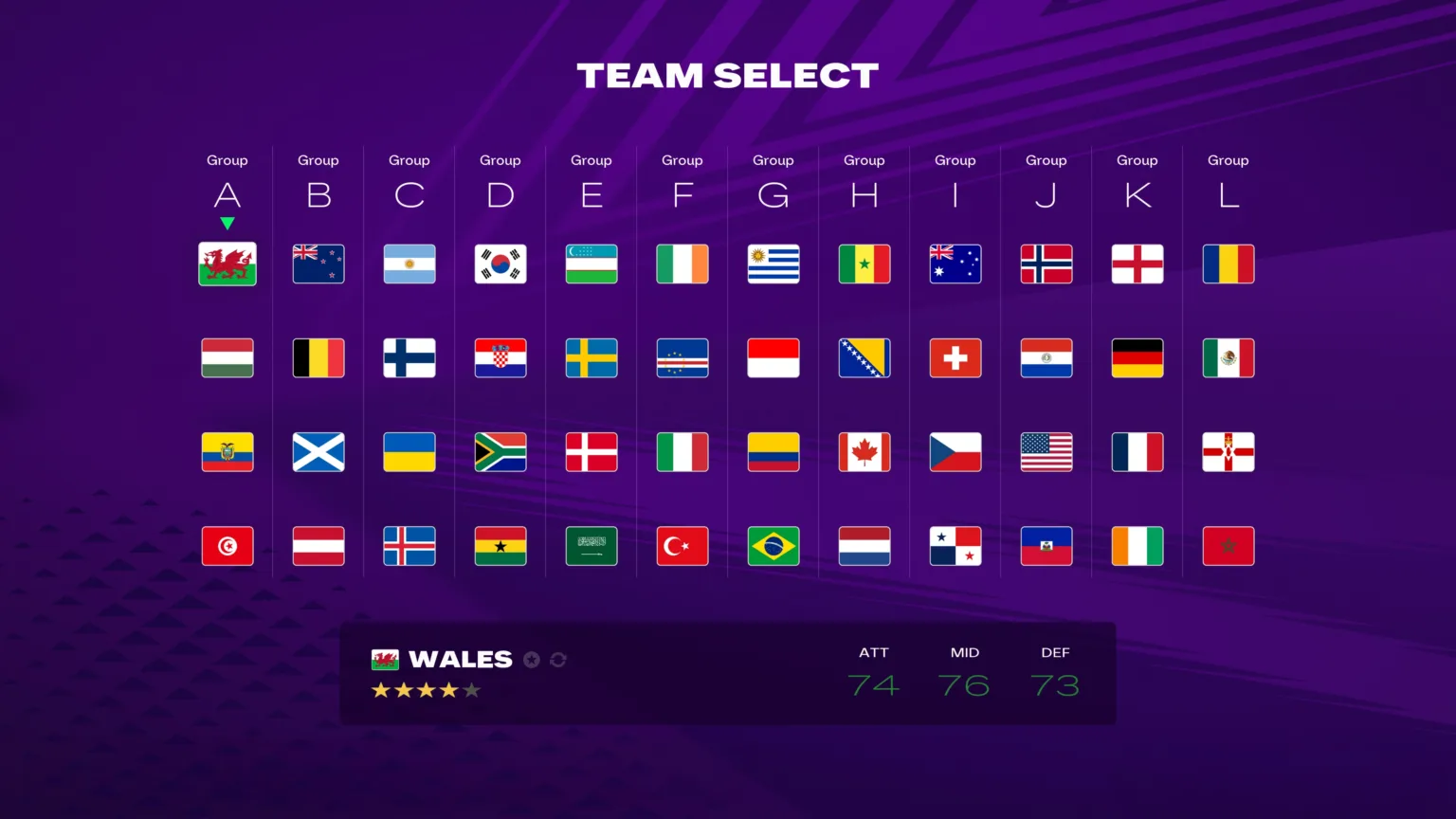 Tela de seleção de equipes do modo The World's Game em EA Sports FC 26.