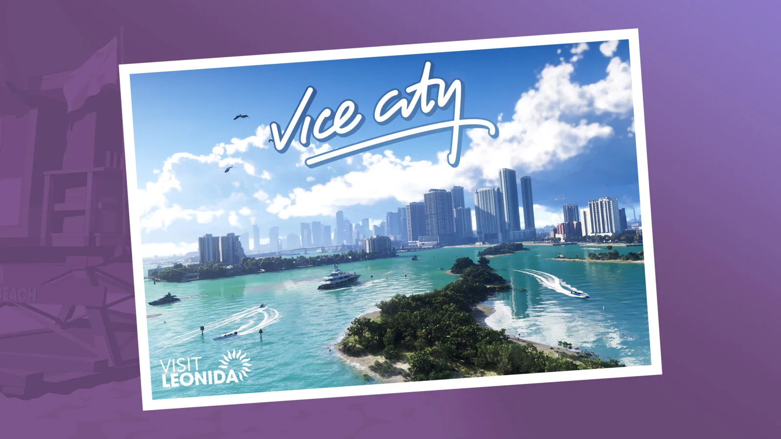Arte oficial de Grand Theft Auto VI mostrando o clima de Vice City e Leonida.