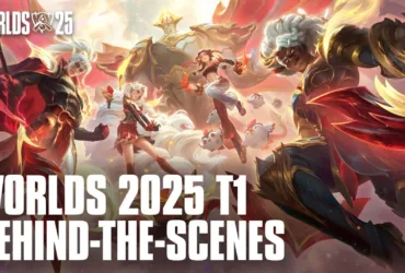 Arte oficial das skins T1 Worlds 2025 em League of Legends