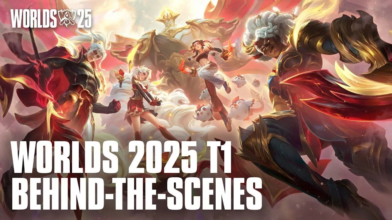 Arte oficial das skins T1 Worlds 2025 em League of Legends