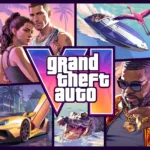 Arte oficial de Grand Theft Auto 6 mostrando os protagonistas e o ambiente urbano
