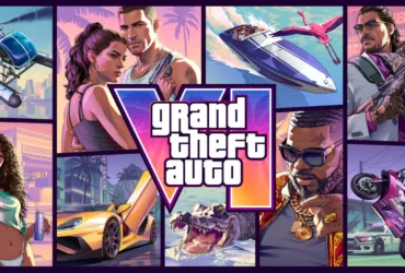 Arte oficial de Grand Theft Auto 6 mostrando os protagonistas e o ambiente urbano