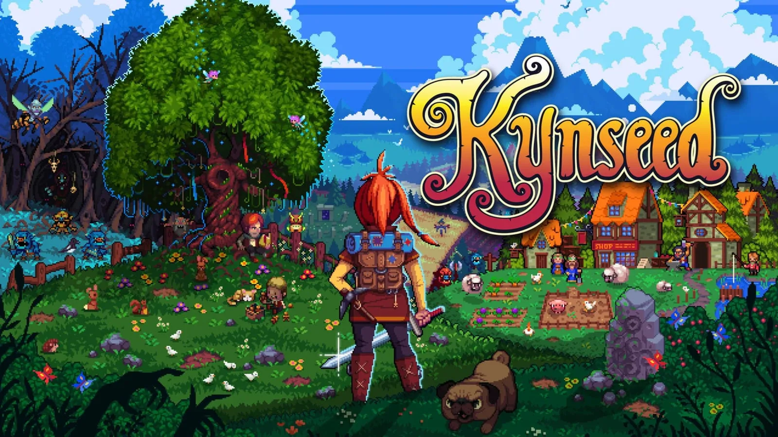 Arte oficial de Kynseed mostrando personagens em mundo de fantasia colorido