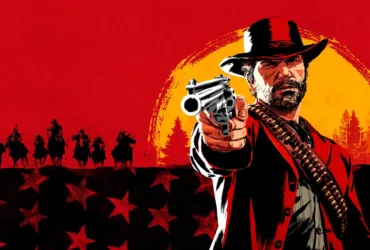 Arte oficial de Red Dead Redemption 2 destacando o personagem principal no cenário do Velho Oeste
