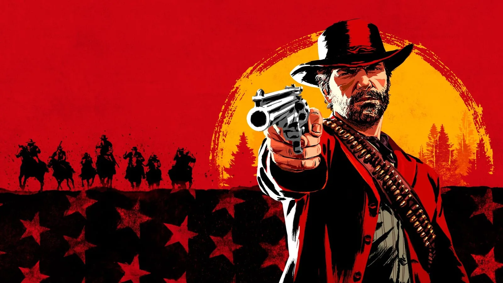 Arte oficial de Red Dead Redemption 2 destacando o personagem principal no cenário do Velho Oeste