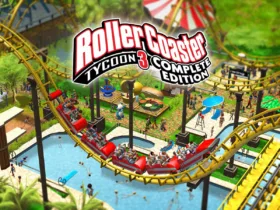 Arte oficial de RollerCoaster Tycoon 3 Complete Edition na Epic Games Store, destacando o parque de diversões e as montanhas-russas