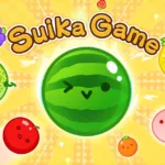 Arte oficial de Suika Game mostrando frutas empilhadas dentro de caixa no estilo puzzle