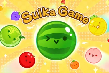 Arte oficial de Suika Game mostrando frutas empilhadas dentro de caixa no estilo puzzle