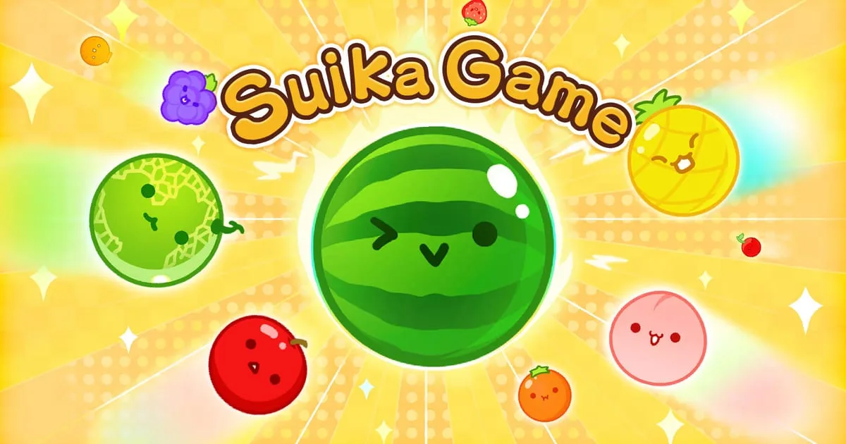 Arte oficial de Suika Game mostrando frutas empilhadas dentro de caixa no estilo puzzle